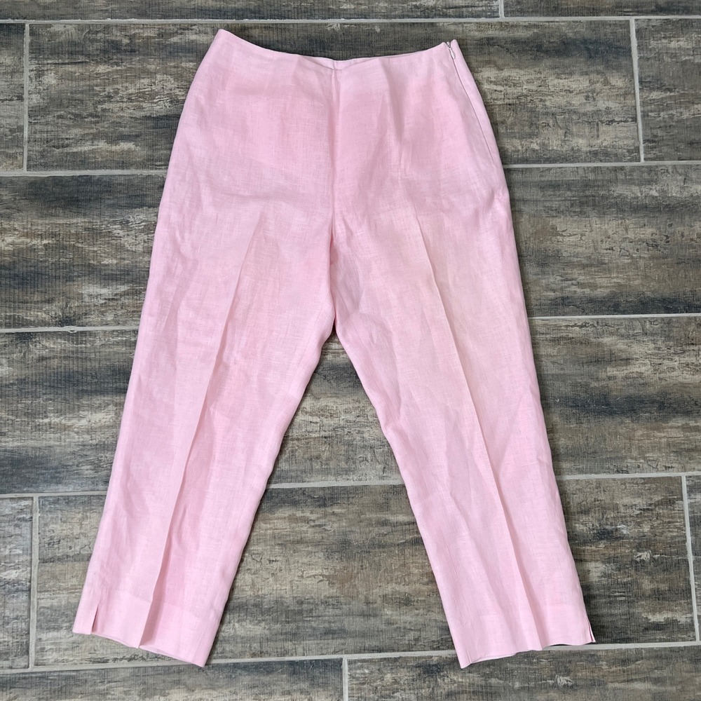 David N Pink 100% Hanky Linen High Rise‎ Straight Leg Trousers Pants Size 8